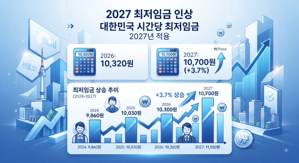 2027년 최저임금 시급 10,700원 확정! 주휴수당 포함 월급과 계산법 총정리 2027년 최저임금 시급 10,700원 확정! 주휴수당 포함 월급과 계산법 총정리
